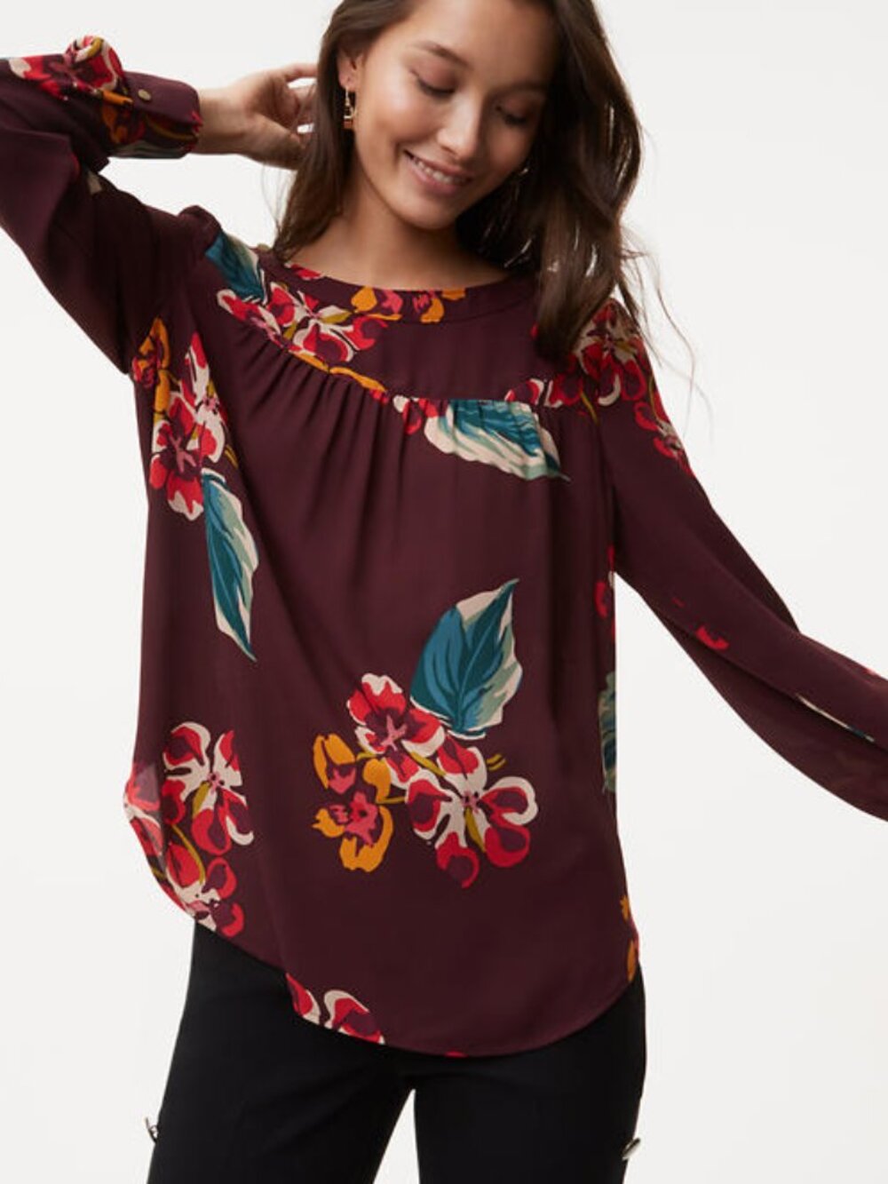 LOFT Burgundy Floral Blouse L
